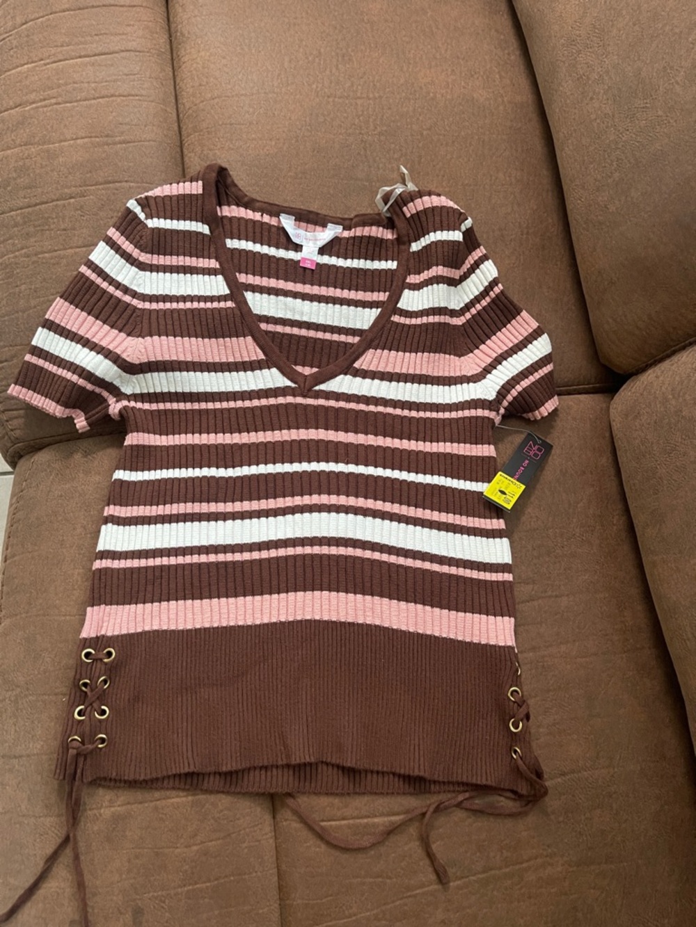 No Boundaries Brown, Pink & White Striped V-Neck Top